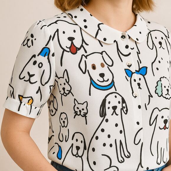 Art Teacher Whimsical Dog Puppy Blouse Peter Pan Playful Modern Retro Style 2XL - Picture 1 of 10
